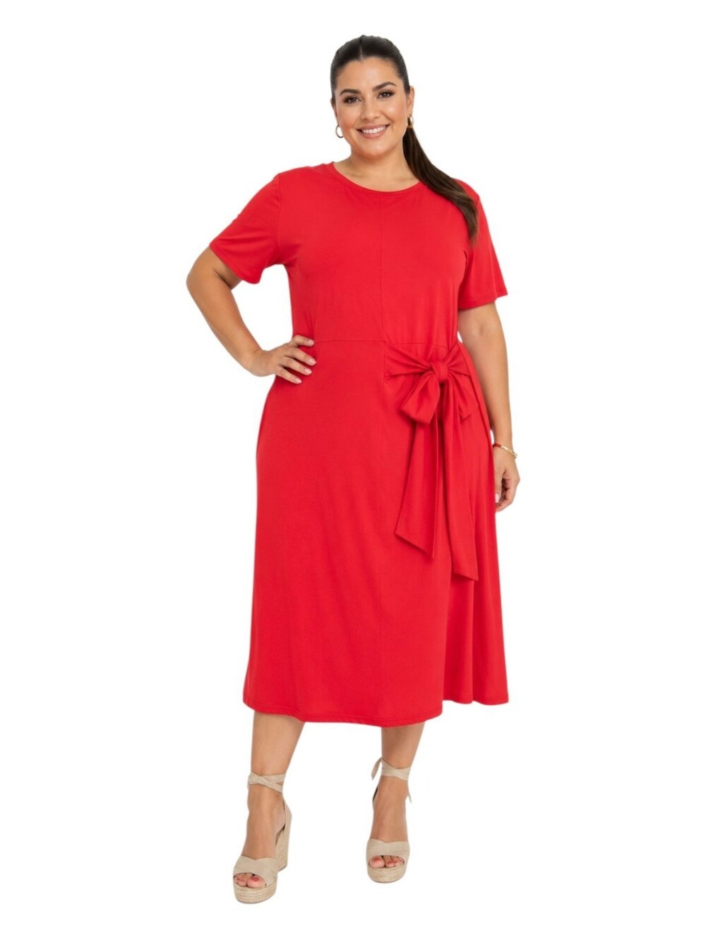 Cuddl Duds Women’s Plus Size 2X Red Tie-Waist Midi Dress Short Sleeve.